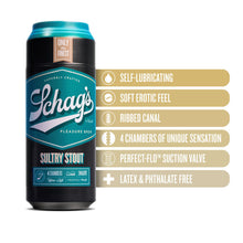 Load image into Gallery viewer, blush Schag&#39;s Sultry Stout Beer Can Stroker features: SELF-LUBRICATING; SOFT EROTIC FEEL; RIBBED CANAL; 4 CHAMBERS OF UNIQUE SENSATION; PERFECT-FLO™ SUCTION VALVE; LATEX &amp; PHTHALATE FREE.
