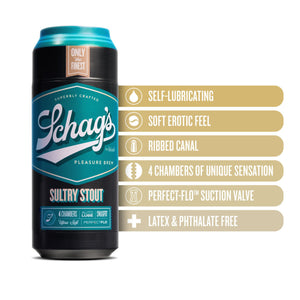 blush Schag's Sultry Stout Beer Can Stroker features: SELF-LUBRICATING; SOFT EROTIC FEEL; RIBBED CANAL; 4 CHAMBERS OF UNIQUE SENSATION; PERFECT-FLO™ SUCTION VALVE; LATEX & PHTHALATE FREE.