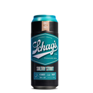 Front of the blush Schag's Sultry Stout Beer Can Stroker. On the top "Only the finest", Schag's logo by blush, "Superbly crafted", "Pleasure Brew", product name: Sultry Stout, and product features at the bottom: 4 Chambers; Auto Lube; Snugfit; Ultra-soft; Perfectflo.