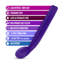 Load image into Gallery viewer, blush Sexy Things G Slim Stimulator features: LAB CERTIFIED - BODY SAFE; FRAGRANCE FREE; LATEX &amp; PHTHALATE FREE; NON PROROUS ABS PLASTIC; MULTISPEED VIBRATIONS; G-SPOT STIMULATING; 2 AA BATTERY (NOT INCLUDED); WATERPROOF.