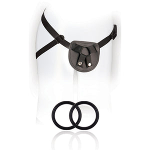 Front of the blush SX For You Beginner's Harness on a mannequin, with 2 silicone rings below.