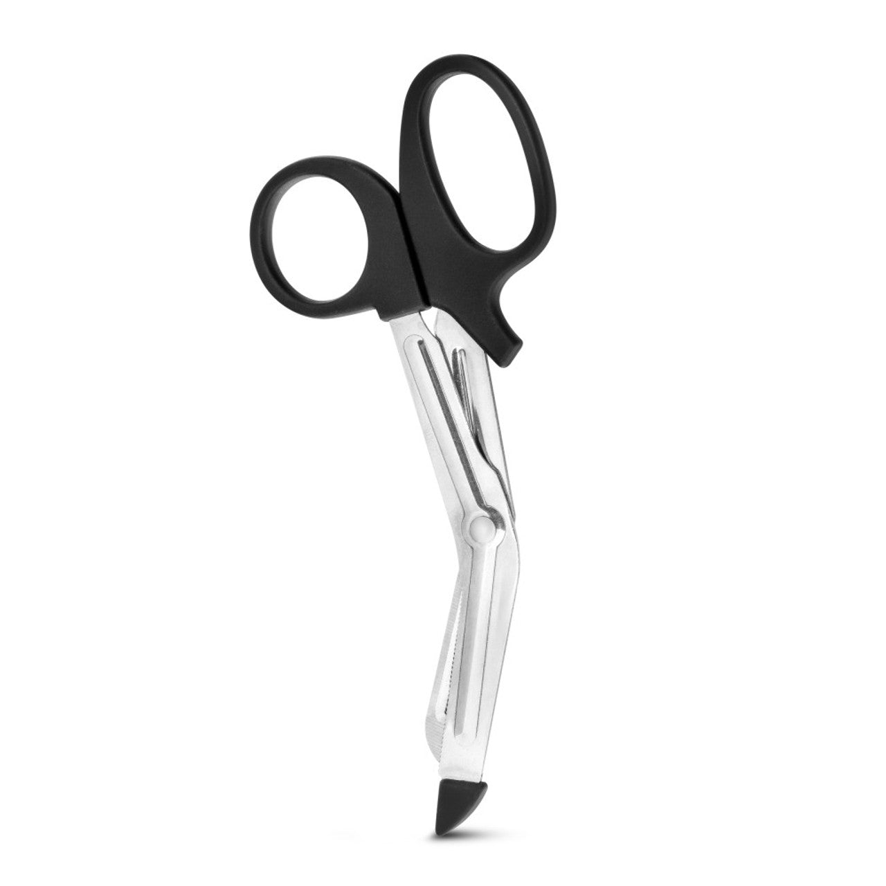 Side view of blush Temptasia Bondage Safety Scissors, standing on their tip.