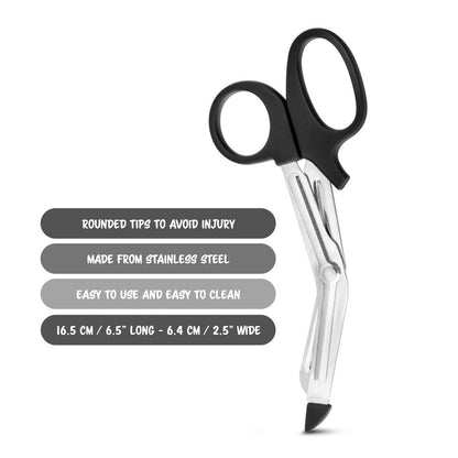 blush Temptasia Bondage Safety Scissors features: ROUNDED TIPS TO AVOID INJURY; MADE FROM STAINLESS STEEL; EASY TO USE AND EASY TO CLEAN; 16.5 CM / 6.5" LONG - 6.4 CM / 2.5" WIDE.