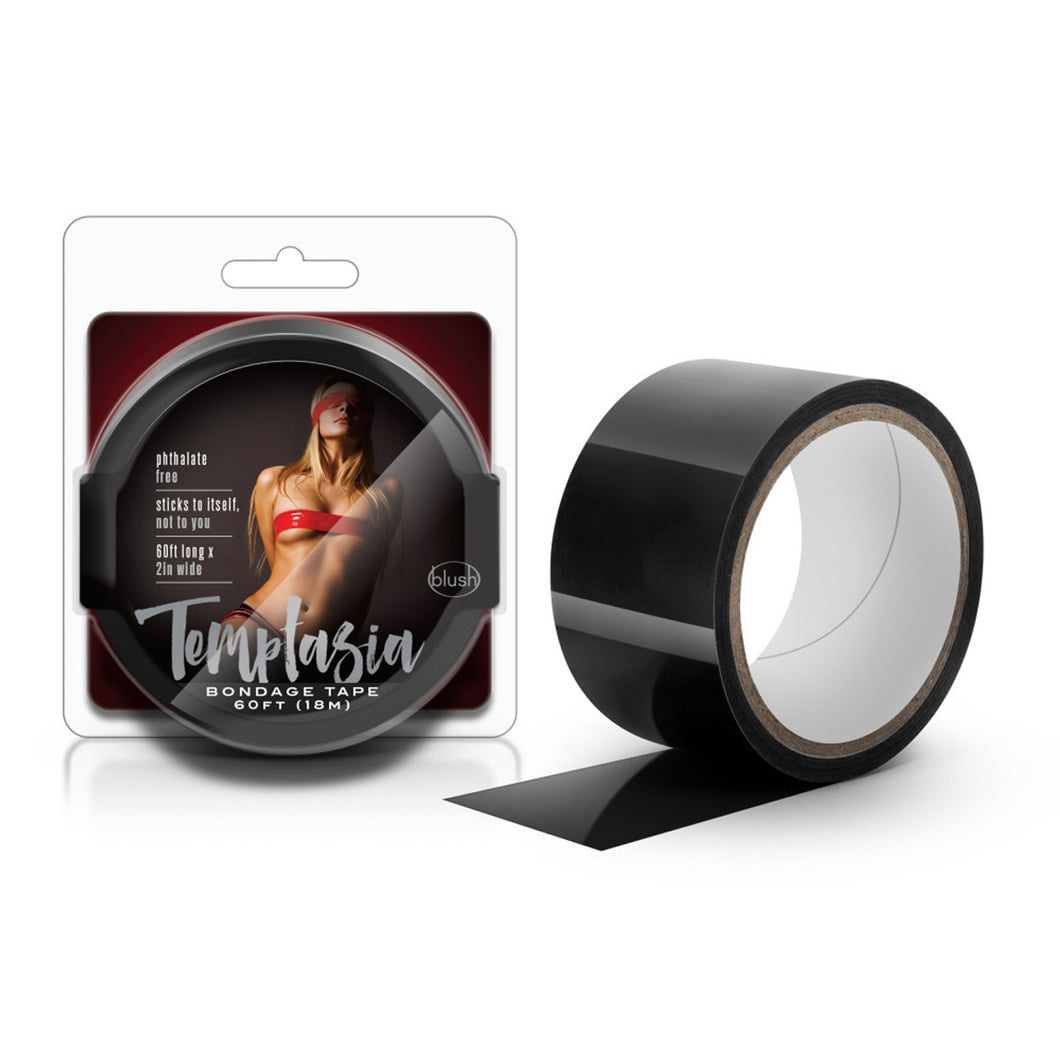On the left side of the image is the product packaging. On the packaging is an image of a female bound with the bondage tape, covering her eyes, breasts & waist, product features: Phthalate free; Sticks to itself, not you; 60ft long x 2in wide, blush & Temptasia logos, and product name: Bondage Tape 60ft (18m). Beside the packaging is the bondage tape with the end peeled off.