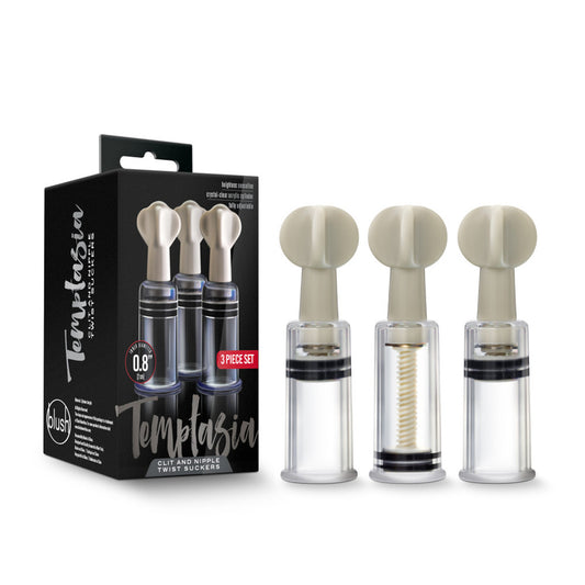 On the left side of the image is the product packaging. On the left side of packaging is the Temptasia & blush logos, and product name: Clit and Nipple Twist Suckers. On the front packaging product features: heightens sensation; Crystal-Clear acrylic cylinder; fully adjustable; Inner Diameter 0.8" (3 cm); 3 Piece Set, an image of the product, Temptasia logo, and product name: Clit and Nipple Twist Suckers. Beside the packaging is the product, standing in a row.