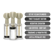 Load image into Gallery viewer, blush Temptasia Clit and Nipple Twist Suckers features: SET OF 3 CLEAR CYLINDERS; TWIST TO ADJUST SUCTION; HEIGHTENS SENSATION; LAB CERTIFIED - BODY SAFE; FRAGRANCE &amp; PARAFFIN FREE; LATEX &amp; PHTHALATE FREE.