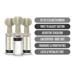 blush Temptasia Clit and Nipple Twist Suckers features: SET OF 3 CLEAR CYLINDERS; TWIST TO ADJUST SUCTION; HEIGHTENS SENSATION; LAB CERTIFIED - BODY SAFE; FRAGRANCE & PARAFFIN FREE; LATEX & PHTHALATE FREE.