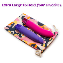 Load image into Gallery viewer, Extra Large to hold your favorites. The blush The Collection Burst Cotton Toy Bag laying flat with two Vibrators laying on top of it, showing the size scale difference of the toy bag.