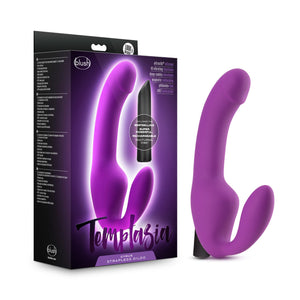 On the left side of the image is the product packaging. On the packaging is the blush & Temptasia logos, product features: Ultrasilk silicone; 10 vibrating functions; Deep rumbly vibrations; Magnetic recharging; Phthalate free; IPX7 waterproof; includes Bestselling Super powerful, rechargeable nocturnal vibe, 2 separate images of the strapless dildo, with the bullet vibe, and product name below Cyrus Strapless Dildo. Beside the packaging is the product standing on its Bullet Vibe base.