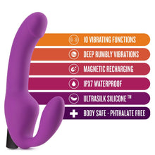 Load image into Gallery viewer, blush Temptasia Cyrus Strapless Dildo features: 10 VIBRATING FUNCTIONS; DEEP RUMBLY VIBRATIONS; MAGNETIC RECHARGING; IPX7 WATERPROOF; ULTRASILK SILICONE; BODY SAFE - PHTHALATE FREE.