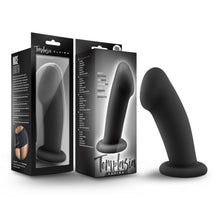 Load image into Gallery viewer, From left side of image is the right side of packaging with caption &quot;Nice Girth&quot;, and a photo image of a female waist wearing the dildo. On back of packaging is brand logo, product name on top, and the dildo visible through clear packaging. Beside is front of packaging showing an image of dildo, product features: Made of Puria silicone; Satin smooth; suction cup; hanress compatible; body safe phthalte free, below is Temptasia logo, and Elvira written below. Beside packaging is product.