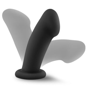 Side of the blush Temptasia Elvira Dildo standing on its suction cup, with the tip being illustrated in seperate directions, showing the flexibility of the product.