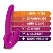Load image into Gallery viewer, blush Temptasia Estella Strapless Dildo features: 10 VIBRATING FUNCTIONS; DEEP RUMBLY VIBRATIONS; MAGNETIC RECHARGING; IPX7 WATERPROOF; ULTRASILK SILICONE; BODY SAFE - PHTHALATE FREE.