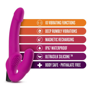 blush Temptasia Estella Strapless Dildo features: 10 VIBRATING FUNCTIONS; DEEP RUMBLY VIBRATIONS; MAGNETIC RECHARGING; IPX7 WATERPROOF; ULTRASILK SILICONE; BODY SAFE - PHTHALATE FREE.