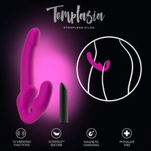 Load image into Gallery viewer, Temptasia Strapless Dildo. On the left side of the image is the blush Estella Strapless Dildo, with an image of the bullet vibe included beside. On the right side enclosed in a circle is an illustration of how to wear the product. On the bottom are product feature icons for: 10 vibrating functions; Ultrasilk Silicone; Magnetic charging; Phthalate free.