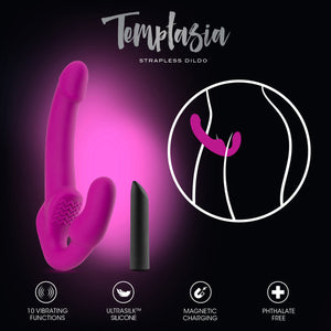 Temptasia Strapless Dildo. On the left side of the image is the blush Estella Strapless Dildo, with an image of the bullet vibe included beside. On the right side enclosed in a circle is an illustration of how to wear the product. On the bottom are product feature icons for: 10 vibrating functions; Ultrasilk Silicone; Magnetic charging; Phthalate free.