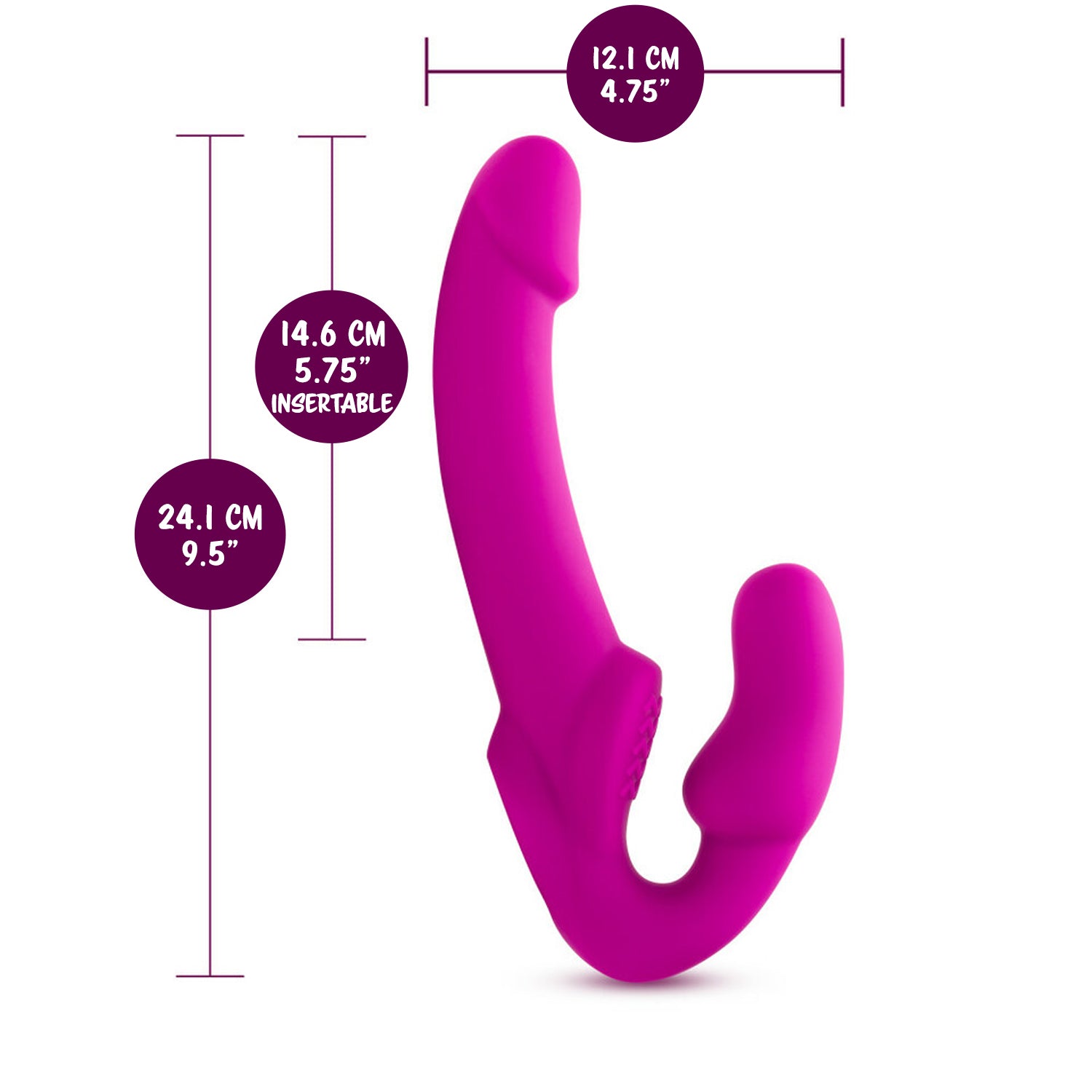 blush Temptasia Estella Strapless Dildo width: 12.1 centimetres / 4.75 inches; Insertable length: 14.6 centimetres / 5.75 inches; Product length: 24.1 centimetres / 9.5 inches.