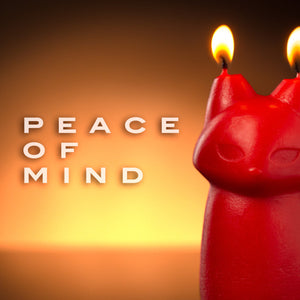A close up image of a lit up blush Temptasia Fox Drip Candle, and on the left side is a caption text: Peace of mind.