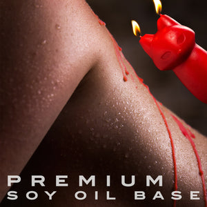 Caption: Premium soy oil base. An image of lit up blush Temptasia Fox Drip Candle, dripping its wax on the back of an upper body.