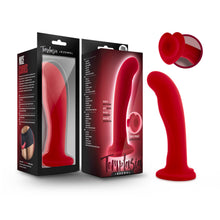 Load image into Gallery viewer, Left side of image shows 2 packaging boxes facing back and front. Left side of packaging  &quot;Nice Curves&quot;, and on bottom is a photo of waist wearing dildo, and on back of package is product fully visible, beside is front packaging showing an image of product, product features: Made of pure silicone; Satin smooth; Harness compatible; Body safe phthalte free; Heart shaped suction cup base with a close up image of base, Temptaisia logo, and product name: Jezebel. On top is a close up image of base, and product.
