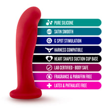 Load image into Gallery viewer, blush Temptasia Jezebel Dildo features: PURE SILICONE; SATIN SMOOTH; G SPOT STIMULATION; HARNESS COMPATIBLE; HEART SHAPED SUCTION CUP BASE; LAB CERTIFIED - BODY SAFE; FRAGRANCE &amp; PARAFFIN FREE; LATEX &amp; PHTHALATE FREE.