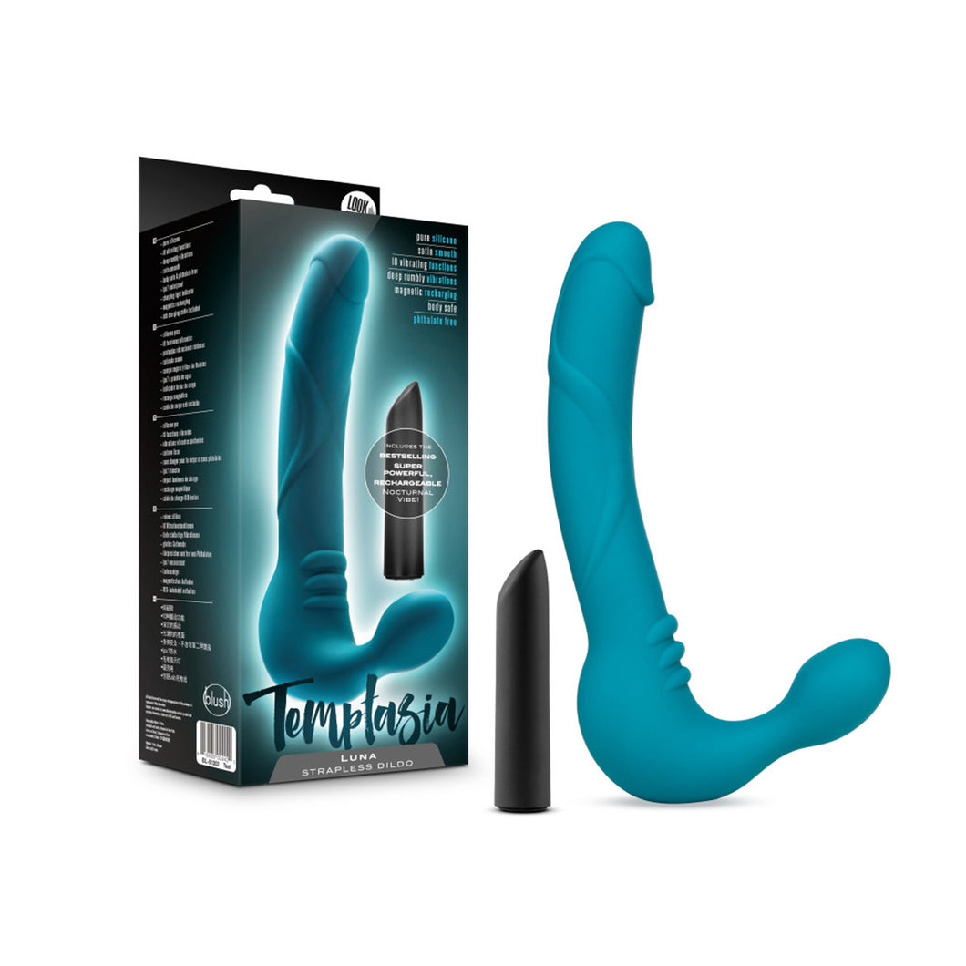 On the left side of the image is the product packaging. On the packaging there are full images of the Luna Strapless Dildo & the bullet vibrator, on the top are product features: Pure Silicone; Satin smooth; 10 vibrating functions: Deep rumbly vibrations; Magnetic charging; Body safe; Phthalate free, Temptasia logo below, and the product name: Luna Strapless Dildo. Beside the packaging is the bullet standing on its base, and the Strapless Dildo.