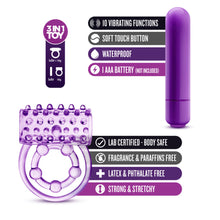 Load image into Gallery viewer, blush Play with Me The Player Vibrating Double Strap Cock Ring 3 in 1 toy: bullet + ring, bullet, ring. Bullet features: 10 VIBRATING FUNCTIONS; SOFT TOUCH BUTTON; WATERPROOF; I AAA BATTERY (NOT INCLUDED). Cock Ring Features: LAB CERTIFIED - BODY SAFE; FRAGRANCE &amp; PARAFFINS FREE; LATEX &amp; PHTHALATE FREE; STRONG &amp; STRETCHY.