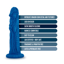 Load image into Gallery viewer, blush The Realm Draken Snap On Dildo features: INTRICATE DRAGON SKIN DETAIL AND TEXTURES; LOCK ON DILDO; SATIN SMOOTH SILICONE; HARNESS COMPATIBLE; EASY TO CLEAN; LAB CERTIFIED - BODY SAFE; FRAGRANCE &amp; PARAFFIN FREE; LATEX &amp; PHTHALATE FREE.