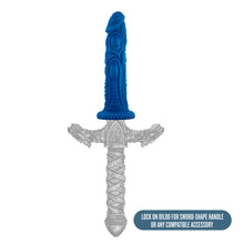 Load image into Gallery viewer, Lock on Dildo for Sword-Shaped Handle or any compatible accessory. Side view of the blush The Realm Draken Snap On Dildo, snaped on to a compatible sword handle.