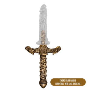 front of the blush The Realm Drago Sword Lock On Handle, and a clear dildo attached at the top, showing how the sword would extend. In the bottom right caption text: SWORD-SHAPE HANDLE COMPATIBLE WITH LOCK ON DILDOS.