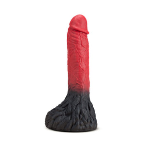 Side view of the blush The Realm Lycan Lock On Dildo standing on its base.