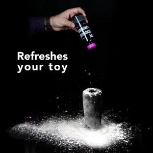 A male is holding blush Toy Renewal Powder upside down, and sprinkling the powder on a stroker, with the powder on, and all over the toy. On the left side is written "Refreshes your toy".