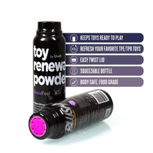 Load image into Gallery viewer, blush Toy Renewal Powder features: Keeps toys ready to play; Refresh your favourite TPE/TPR Toys; Easy twist lid; Squeezable bottle; Body-Safe, food grade.