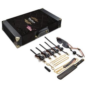 On the top of the image is the blush Temptasia Safe Word Bondage Kit  closed suitcase. Below are the contents of the bondage kit: Wrist & ankle restraints; Blindfold; Ball Gag; Bullet Vibrator; Double ended snap hook, Collar chain, and the slapper.