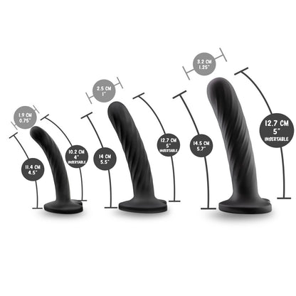 blush Temptasia Twist Kit small dildo insertable width: 1.9 centimetres / 0.75 inches; Length: 11.4 centimetres / 4.5 inches; Insertable length: 10.2 centimetres / 4 inches. Medium Dildo insertable width: 2.5 centimetres / 1 inch; Product length: 14 centimetres / 5.5 inches; Insertable length: 12.7 centimetres / 5 inches. Large dildo insertable width: 3.2 centimetres / 1.25 inches; Product length: 14.5 centimetres / 5.7 inches; Insertable length: 12.7 centimetres / 5 inches.