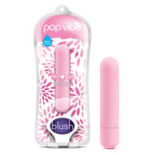 Load image into Gallery viewer, On the left side of the image is the pink product packaging. On the packaging is the product name: pop vibe, product feature icons for: Waterproof; 10 vibrating functions; Phthalate free - Body safe; Smooth satin finish, the pink vibe visible through the packaging, and the blush logo in the bottom. Beside the packaging is the pink product variant standing on its base.