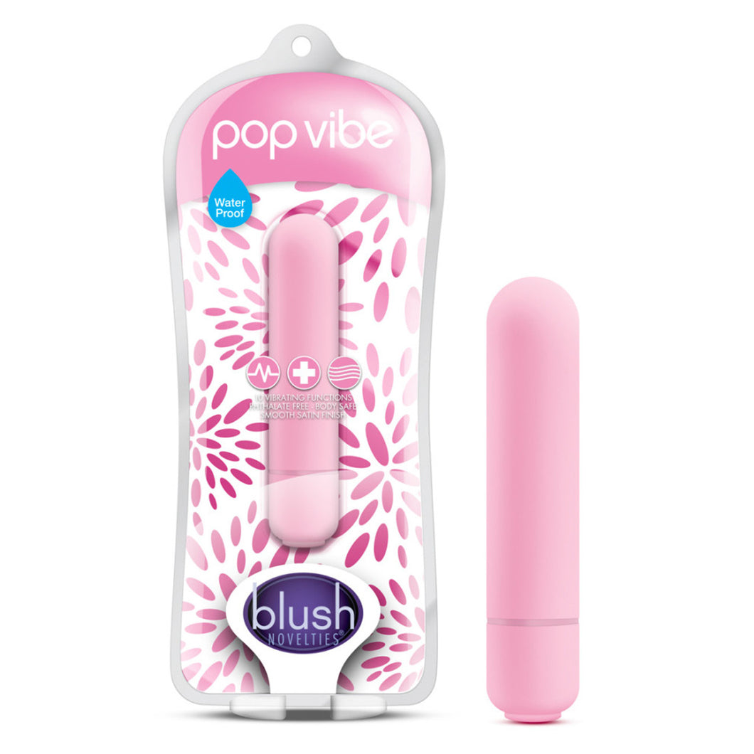 On the left side of the image is the pink product packaging. On the packaging is the product name: pop vibe, product feature icons for: Waterproof; 10 vibrating functions; Phthalate free - Body safe; Smooth satin finish, the pink vibe visible through the packaging, and the blush logo in the bottom. Beside the packaging is the pink product variant standing on its base.