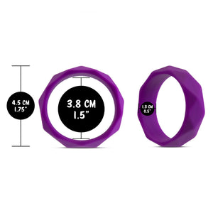 blush Wellness Geo Silicone C-Ring total width: 4.5 centimetres / 1.75 inches; Inner width: 3.8 centimetres / 1.5 inches, Band width: 1.3 centimetres / 0.5 inches.