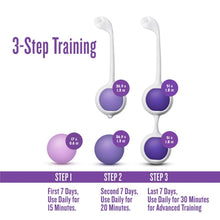 Load image into Gallery viewer, 3-Step Training below is a single 17 gram / 0.6 ounce Kegel Ball: STEP I First 7 Days, Use Daily for 15 Minutes. A single with a 36.9 gram / 1.3 ounce Kegel ball snapped in &amp; a 36.9 gram / 1.3 ounce Kegel ball below: STEP 2 Second 7 Days, Use Daily for 20 Minutes. A double with 51 gram / 1.8 ounce Kegel balls snapped in: STEP 3 Last 7 Days, Use Daily for 30 Minutes for Advanced Training.