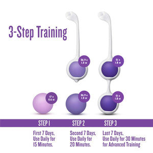3-Step Training below is a single 17 gram / 0.6 ounce Kegel Ball: STEP I First 7 Days, Use Daily for 15 Minutes. A single with a 36.9 gram / 1.3 ounce Kegel ball snapped in & a 36.9 gram / 1.3 ounce Kegel ball below: STEP 2 Second 7 Days, Use Daily for 20 Minutes. A double with 51 gram / 1.8 ounce Kegel balls snapped in: STEP 3 Last 7 Days, Use Daily for 30 Minutes for Advanced Training.