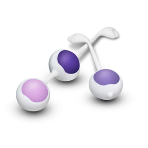 Top side view of the double with one 17 gram / 0.6 ounce & 51 gram / 1.8 ounce Kegel balls snapped in, and above it is the the single 36.9 gram / 1.3 ounce Kegel ball snapped in to it.