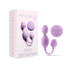 Load image into Gallery viewer, On the lleft side of packaging shows product features icons for: 7 vibrating functions; Rumble tech deep vibrations; Turbo boost; Puria platinum-cured silicone; Ultrasilk smooth; Magna Charge USB Charging; IPX7 Waterproof; 1 year warranty. On front packaging is the Wellness by blush logo, image of product, product name: Raine, and features: 7 vibrating functions; Wireless remote; Rumble tech; Kegel trainer; Ultrasilk smooth; Puria silicone. By packaging is the product with remote.