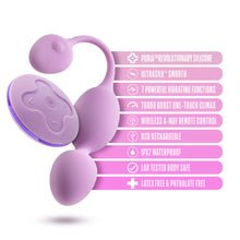 Load image into Gallery viewer, blush Wellness Raine Vibrating Kegel Ball features: PURIA REVOLUTIONARY SILICONE; ULTRASILK SMOOTH; 7 POWERFUL VIBRATING FUNCTIONS; TURBO BOOST ONE-TOUCH CLIMAX; WIRELESS 4-WAY REMOTE CONTROL; USB RECHARGEABLE; IPX7 WATERPROOF; LAB TESTED BODY SAFE; LATEX FREE &amp; PHTHALATE FREE.