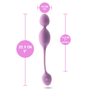 blush Wellness Raine Vibrating Kegel Ball insertable width: 3.8 centimetres / 1.5 inches; Product length: 22.9 centimetres / 9 inches; Insertable length: 17.8 centimetres / 7 inches.