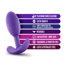 Load image into Gallery viewer, blush Luxe Wearable Vibra Slim Plug features: PLATINUM CURED SILICONE; SATIN SMOOTH; EMITS VIBRATIONS VIA MOVEMENT OF AN INNER BEARING; WEARABLE; LAB CERTIFIED - BODY SAFE; FRAGRANCE &amp; PARAFFIN FREE; LATEX &amp; PHTHALATE FREE.