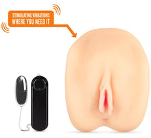 Load image into Gallery viewer, On the left side of the image is the bullet, and on the right side is the front side of the blush X5 Men Amanda&#39;s Kitty stroker. On the top left is a text bubble: Stimulating vibrations where you need it (Pointing at the stroker).
