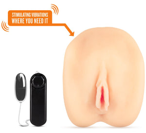 On the left side of the image is the bullet, and on the right side is the front side of the blush X5 Men Amanda's Kitty stroker. On the top left is a text bubble: Stimulating vibrations where you need it (Pointing at the stroker).