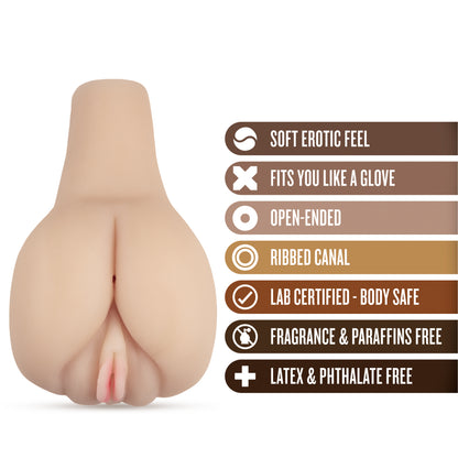 blush X5 Men Amanada's Lusty Bottom Vibrating Stroker features: SOFT EROTIC FEEL; FITS YOU LIKE A GLOVE; OPEN-ENDED; RIBBED CANAL; LAB CERTIFIED - BODY SAFE; FRAGRANCE & PARAFFINS FREE; LATEX & PHTHALATE FREE.