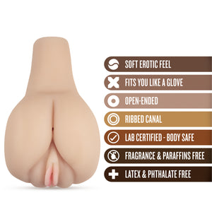 blush X5 Men Amanada's Lusty Bottom Vibrating Stroker features: SOFT EROTIC FEEL; FITS YOU LIKE A GLOVE; OPEN-ENDED; RIBBED CANAL; LAB CERTIFIED - BODY SAFE; FRAGRANCE & PARAFFINS FREE; LATEX & PHTHALATE FREE.
