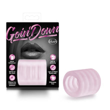 Load image into Gallery viewer, On the left side of the image is the product packaging. On the packaging (from top) Goin&#39; Down, blush logo, product feature icons for: Head enhancer; Glows in the dark; Ribbed for enhanced pleasure; Soft &amp; Stretchy; Lab certified body safe; Phthalate free. Beside the packaging is the product blush X5 Men Goin&#39; Down BJ Stroker.